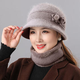 ALBB-保暖兔毛帽中老年人妈妈帽子秋冬季女士围脖两件套冬天盆帽