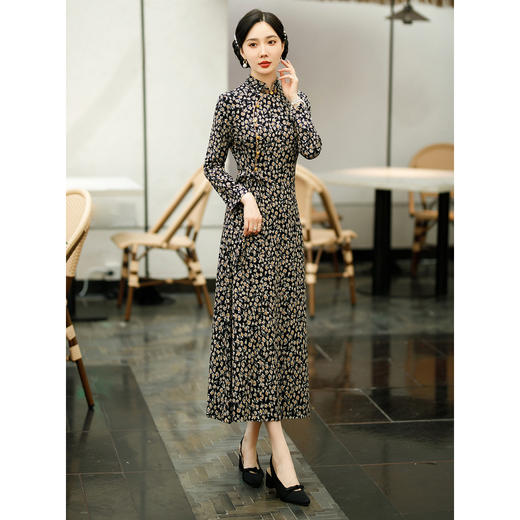 SYG-672秋季连衣裙女新款复古阔太太九分袖秋装贵夫人碎花裙子 商品图0