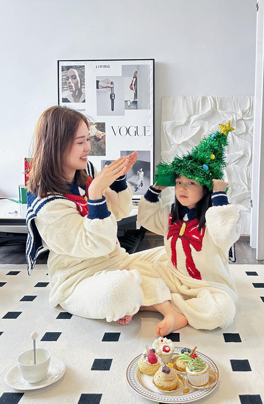 美少女出动！亲子款软绵绵半边绒家居服套装 可爱大蝴蝶结配海军风领子 版型超正！灯笼袖长袖+微喇裤型更显瘦 商品图1