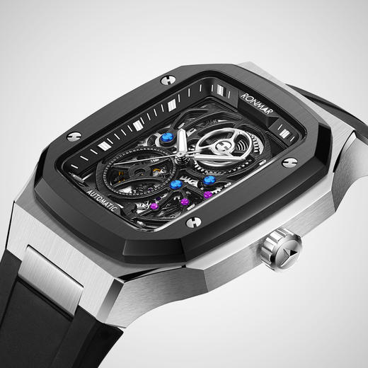 朗玛 RONMAR 开拓者系列镂空全自动机械机芯手表男士方形潮流腕表 RM-003 钢带/胶带 商品图4