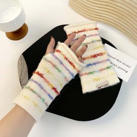 【尊嘟好好看，新款半指手套彩色条纹，随性慵懒超时尚】新款彩色条纹女款毛线手套学生手套触屏保暖防寒针织手套