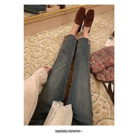 金蘑菇菇 coco rouge香香牛仔裤/复古蓝薄绒中高腰直筒九分休闲裤