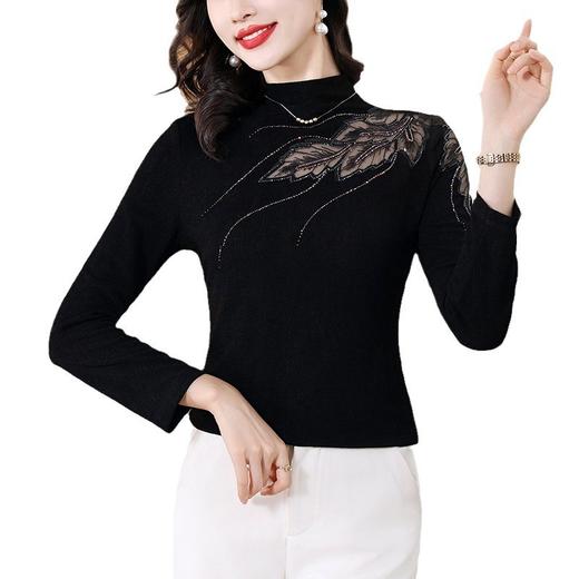 KQL-A26N6591时尚洋气半高领打底衫女士镂空上衣2024春季新款烫钻漂亮T恤小衫 商品图4