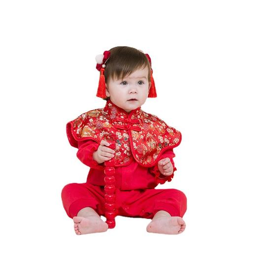 【初生礼遇 绵柔呵护】女宝秋装抓周周岁连体衣婴儿衣服新生儿满月百天唐装生日宴套装红 商品图4