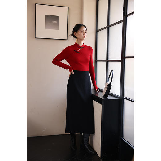 【黑色现货】HeyDress新中式盘扣针织衫女秋冬立领镂空设计感内搭修身毛衣上衣 商品图1