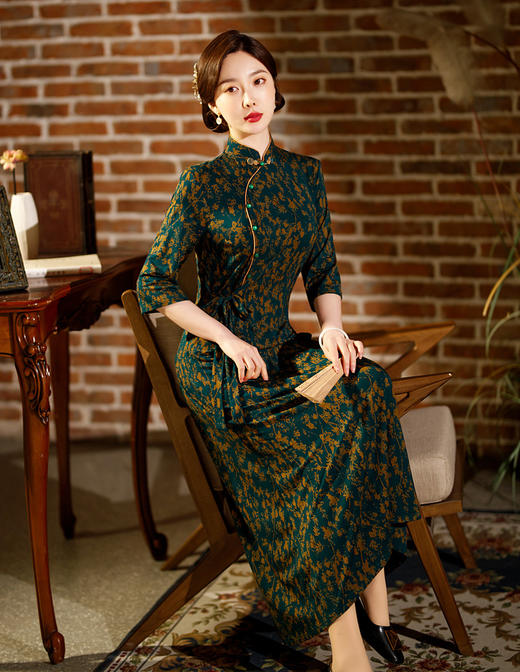 SYG-528春新款弹力蕾丝复古长款旗袍连衣裙中国风优雅立领改良旗袍女 商品图2