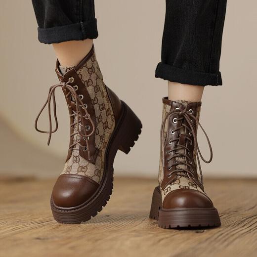 复古棕色马丁靴，女真皮拼色厚底鞋新款配裙子小短靴AMN-07-85 商品图1