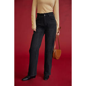 HeyDress加绒牛仔裤女冬季高腰显瘦毛边直筒裤黑色长款休闲裤子