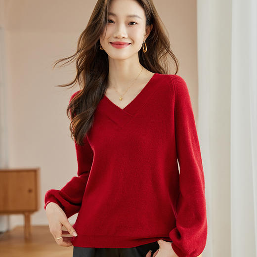 秋冬新款内搭，龙年本命年衣服女长袖V领灯笼袖收腰毛衣外套CC-JDS-8657 商品图2
