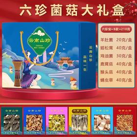 云南高原生态山珍礼盒 （六珍干菌组合B）210克    羊肚菌20克*1  鹿茸菇40克*1 蛹虫草40克*1 猴头菇40克*1  鸡油菌30克*1  姬松茸40克*1