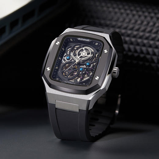 朗玛 RONMAR 开拓者系列镂空全自动机械机芯手表男士方形潮流腕表 RM-003 钢带/胶带 商品图5