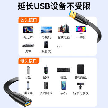 山泽USB延长线3米 usb3.0高速传输数据连接线 公对母 AM/AF U盘鼠标键盘加长线 扁平黑色AP-330 商品图1