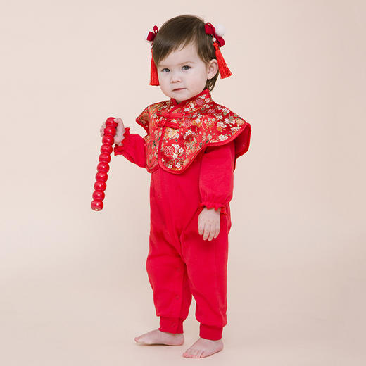 【初生礼遇 绵柔呵护】女宝秋装抓周周岁连体衣婴儿衣服新生儿满月百天唐装生日宴套装红 商品图0