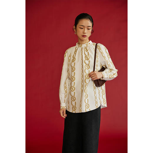 HeyDress龙纹印花衬衫法式宽松立领中国风衬衣别致叠穿上衣 商品图0