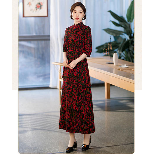 SYG-528春新款弹力蕾丝复古长款旗袍连衣裙中国风优雅立领改良旗袍女 商品图0