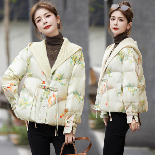 冬季新款，花色白鸭绒宽松短款羽绒服（帽子可脱卸）HR-XPHY90 商品图1