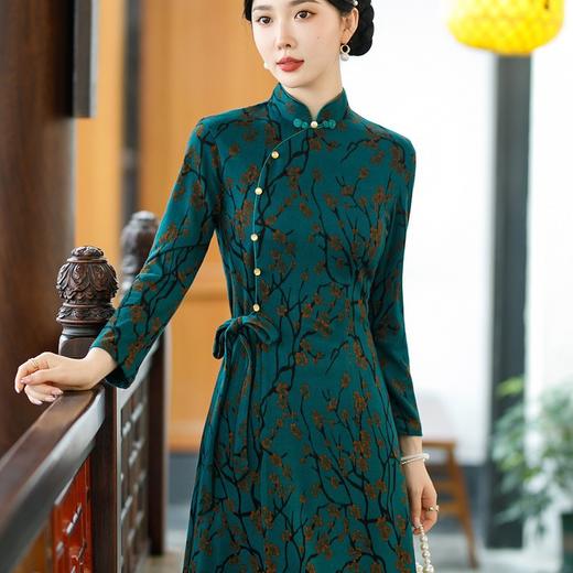 SYG-677春秋新款碎花旗袍长袖女高贵气质秋冬长裙 商品图3