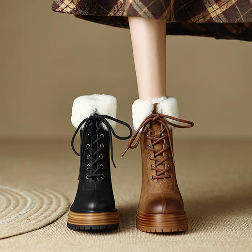 保暖舒适，贴膜牛巴戈+羊羔毛粗跟厚底短靴HBP-3887A 商品图1