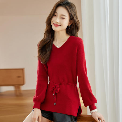 秋冬新款内搭，龙年本命年衣服女长袖V领灯笼袖收腰毛衣外套CC-JDS-8657 商品图0