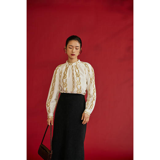 HeyDress龙纹印花衬衫法式宽松立领中国风衬衣别致叠穿上衣 商品图3