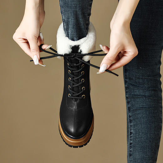保暖舒适，贴膜牛巴戈+羊羔毛粗跟厚底短靴HBP-3887A 商品图6