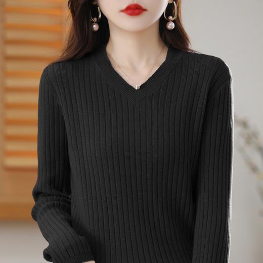 秋冬【棉线针织衫女V领大码毛衣】宽松内搭 简约抽条棉线打底衫女 商品图8