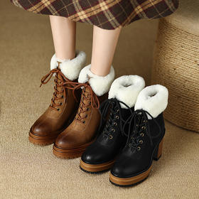 保暖舒适，贴膜牛巴戈+羊羔毛粗跟厚底短靴HBP-3887A