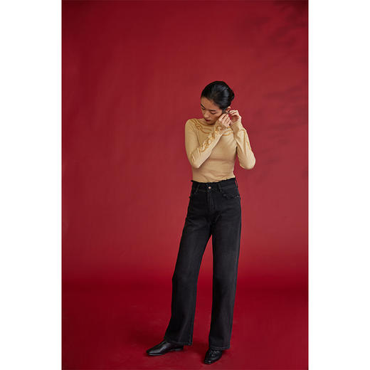 HeyDress加绒牛仔裤女冬季高腰显瘦毛边直筒裤黑色长款休闲裤子 商品图3