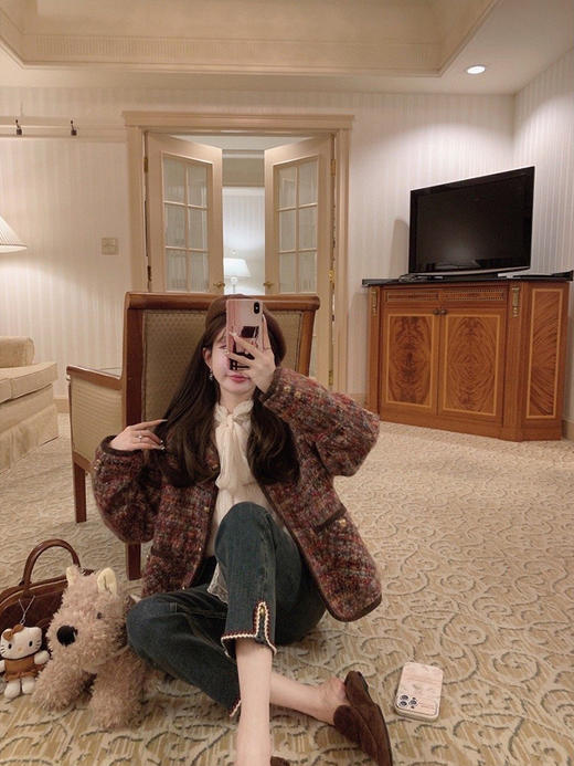 金蘑菇菇 coco rouge香香牛仔裤/复古蓝薄绒中高腰直筒九分休闲裤 商品图2