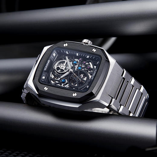 朗玛 RONMAR 开拓者系列镂空全自动机械机芯手表男士方形潮流腕表 RM-003 钢带/胶带 商品图0