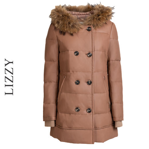 LIZZY优雅绵羊皮带饰貉子毛条帽长袖充白鸭绒A摆皮羽绒大衣外套女4662 商品图4
