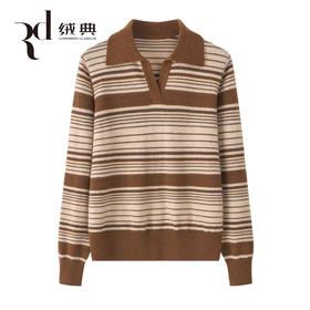 绒典小翻领夹条女套衫