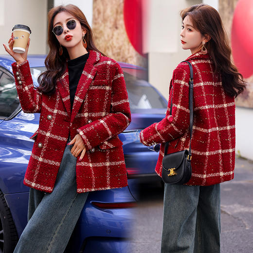 冬季新款，小香风外套女气质粗花呢红格子加厚90白鸭绒羽绒服HR-MYL8205 商品图1