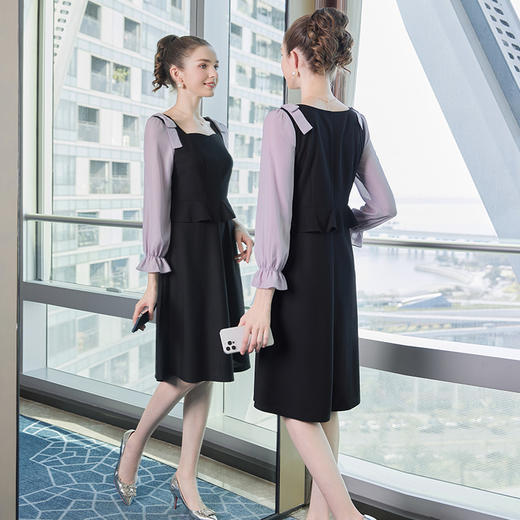 奢姿2024春季新款大码女装撞色荷叶袖裙子胖妹妹方领蝴蝶结连衣裙9941826088 商品图0