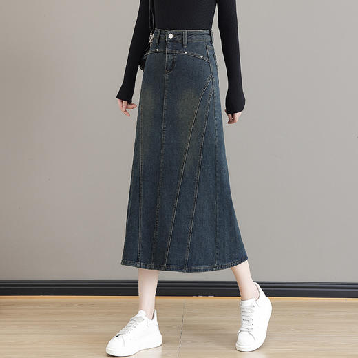 KKM-563-63复古风修身半身裙女2023秋冬新款a字中长款高腰加绒加厚牛仔a字裙 商品图3