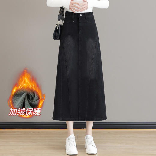 KKM-563-63复古风修身半身裙女2023秋冬新款a字中长款高腰加绒加厚牛仔a字裙 商品图0