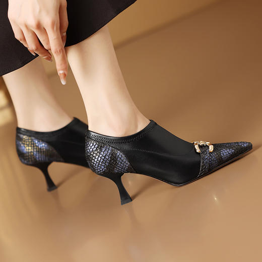 秋冬新款，尖头鱼皮拼接弹力高跟单鞋SJS-S104-876 商品图4