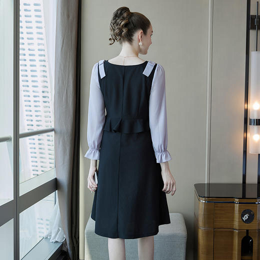 奢姿2024春季新款大码女装撞色荷叶袖裙子胖妹妹方领蝴蝶结连衣裙9941826088 商品图3