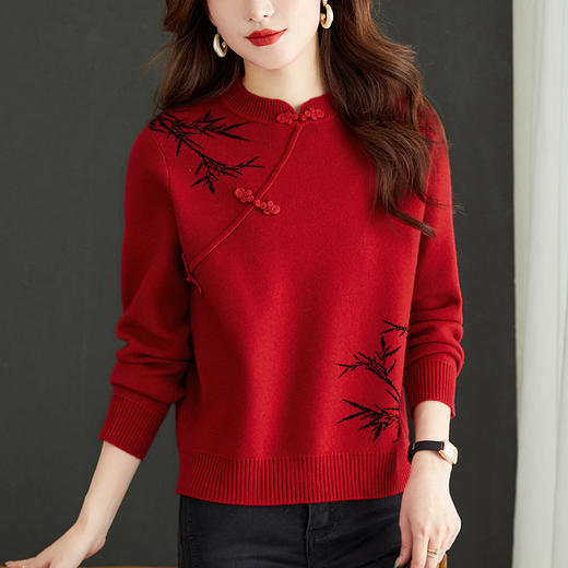 小个子国风女装2023新款秋冬季本命年红色立领盘扣毛衣内搭打底衫CC-MY-1026 商品图2
