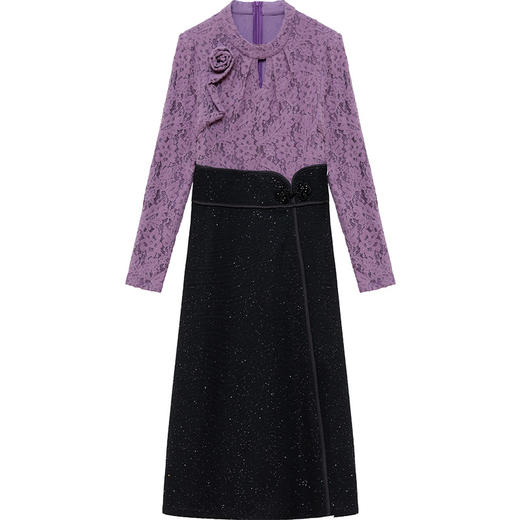 时尚气质厚款连衣裙，拼结蕾丝网纱针织假两件高腰连衣裙QYM-KED-63153-Y 商品图4