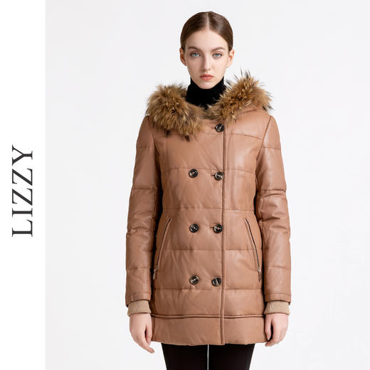 LIZZY优雅绵羊皮带饰貉子毛条帽长袖充白鸭绒A摆皮羽绒大衣外套女4662 商品图0