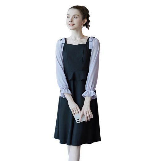 奢姿2024春季新款大码女装撞色荷叶袖裙子胖妹妹方领蝴蝶结连衣裙9941826088 商品图4