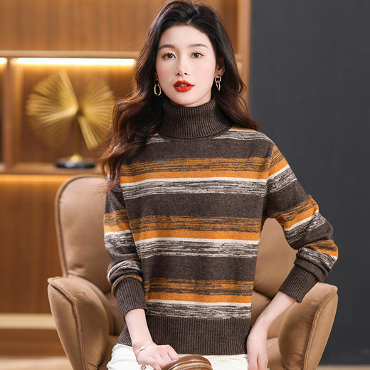 秋冬季新款，女士加厚条纹拼色打底衫高领洋气宽松内搭翻领毛衣CC-101-35363 商品图2