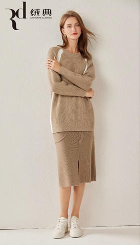 绒典圆领单畦配色女套衫