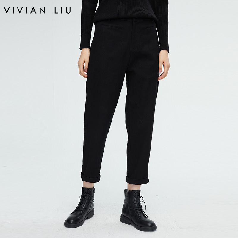 VIVIAN LIU薇薇安刘R2355007秋女装新款斜插兜锥形脚口翻边长裤
