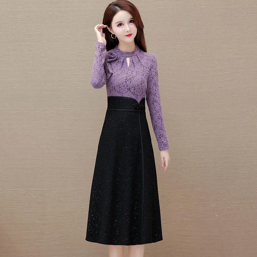 时尚气质厚款连衣裙，拼结蕾丝网纱针织假两件高腰连衣裙QYM-KED-63153-Y 商品图0