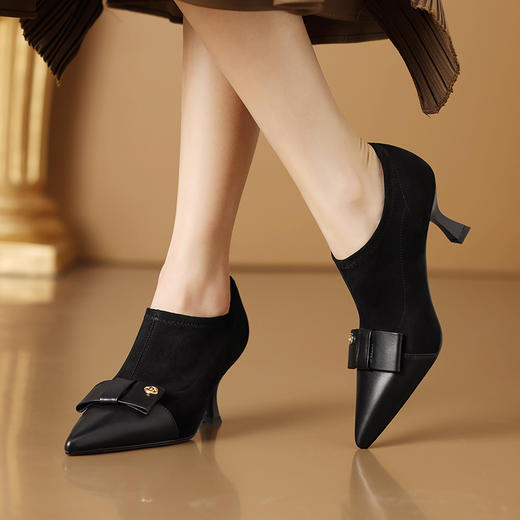 秋冬新款，尖头拼接弹力深口高跟单鞋SJS-S104-877 商品图0