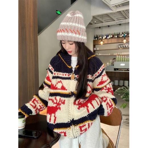 秋冬慵懒风【复古氛围感提花毛衣外套女装】圣诞麋鹿 宽松针织开衫上衣 商品图1