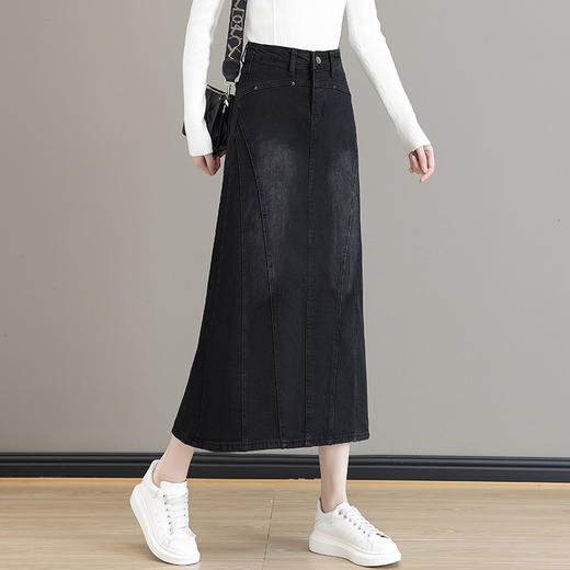 KKM-563-63复古风修身半身裙女2023秋冬新款a字中长款高腰加绒加厚牛仔a字裙 商品图2