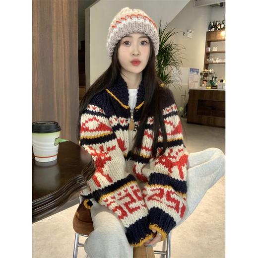 秋冬慵懒风【复古氛围感提花毛衣外套女装】圣诞麋鹿 宽松针织开衫上衣 商品图4